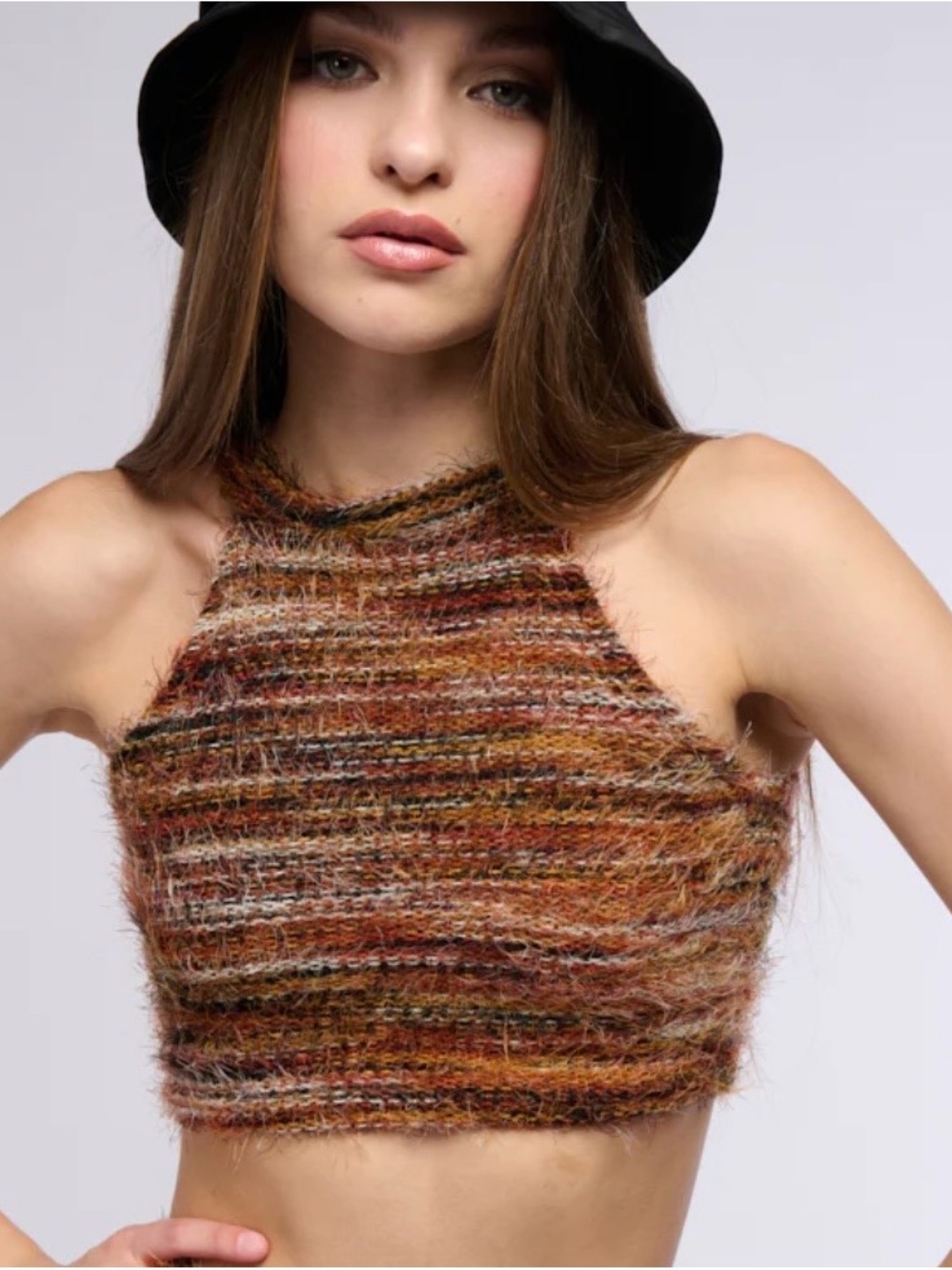 AKIRA Multi‑Color Fuzzy Knit Halter Crop Top